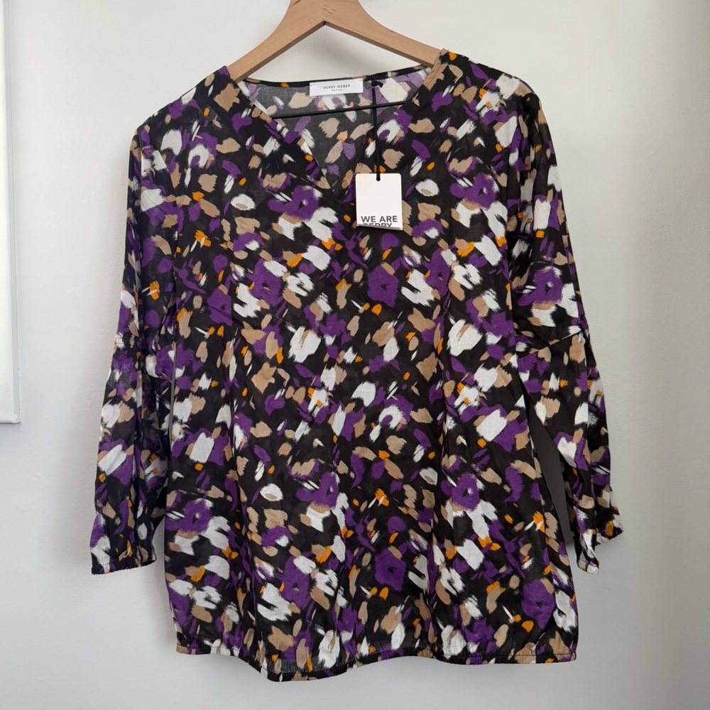 Gerry Weber 42 US‎ 12 NEW Blouse 3/4 Sleeve Purple Black Abstract Office Relaxed